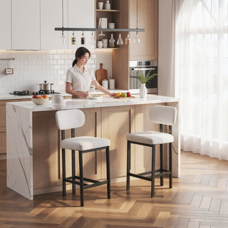 Sunvega Modern Upholstered Fabric Bar Stools Set of 2 with Black Metal Legs for Kitchen Island