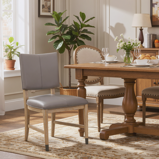 Sunvega Set of 2 Gray Faux Leather Dining Chairs with Muted Brown Wood Legs