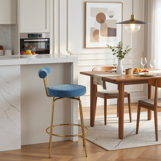 Sunvega Gold Metal Frame and Blue Velvet Upholstery Counter Stool Set of 2