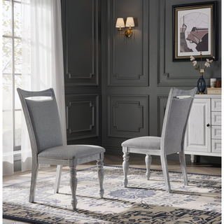 Sunvega Set of 2 Rustic White Rubberwood Dining Chairs with Gray Upholstery