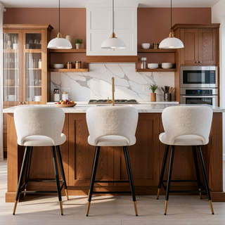 Sunvega Modern Barstool with White Fabric Seat and Black Gold-Tipped Metal Legs