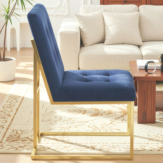 Sunvega Bold Blue Upholstered Dining Chair with Metallic Gold Accents and Button Tufting