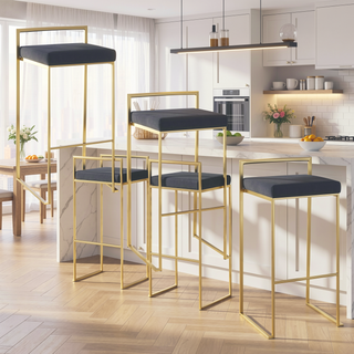 Sunvega Gold Metal Frame Barstool with Black Velvet Cushion Set of 3