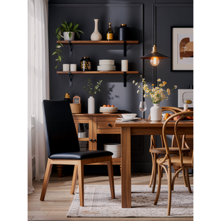 Sunvega Black Leather Walnut Finish Side Chair Set of 2 with Padded Seat
