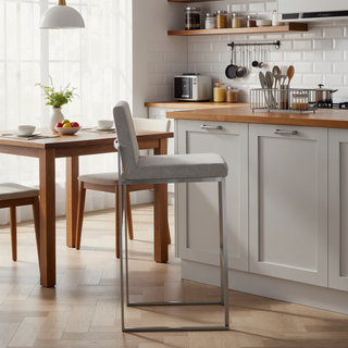 Sunvega Contemporary High Back Barstool Set of 3 with Grey Fabric and Stainless Steel Frame