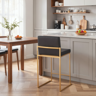 Sunvega Fuji High Back Counter Stool Set of 3 in Gold Steel and Black Faux Leather
