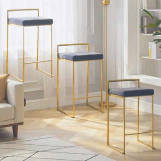 Sunvega Gold Metal Frame Black Velvet Cushion Stackable Counter Stools Set of 3