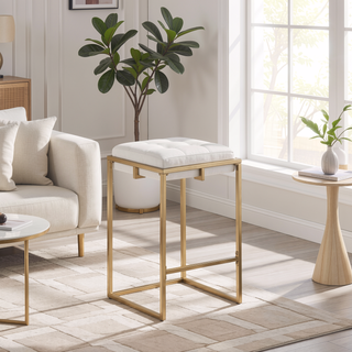 Sunvega Beige and Gold Square Counter Height Stools with Button Tufting and Footrest