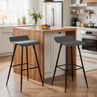Sunvega Black Metal Base Grey Faux Leather Upholstered Fixed Height Bar Stool Set