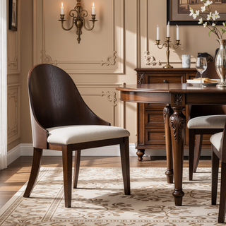 Sunvega Dark Walnut Brown Curved Panel Back Dining Chairs with Off White Fabric