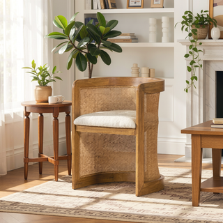 Sunvega Curved Rattan Upholstered Dining Chair with Stain Resistant Fabric and Rubberwood Frame