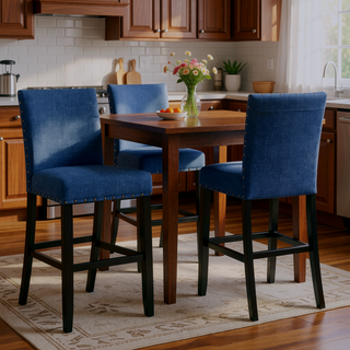 Sunvega Blue Linen and Cotton Fabric Bar Stools with Nailhead Trim Set of 2