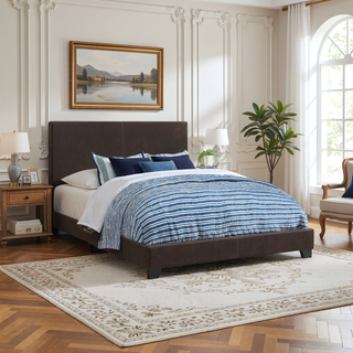 Sunvega Warwick Brown Upholstered Eastern King Panel Bed with Solid Wood Legs and Padded Frame