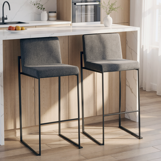 Sunvega Fuji Contemporary High Back Barstool in Black Steel and Charcoal Fabric Set of 2