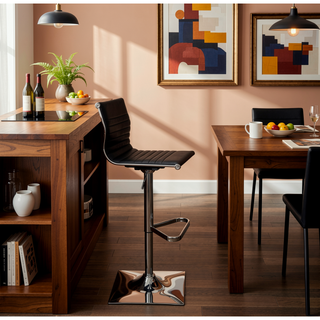 Sunvega Adjustable Swivel Bar Stool in Black Faux Leather with Chrome Base
