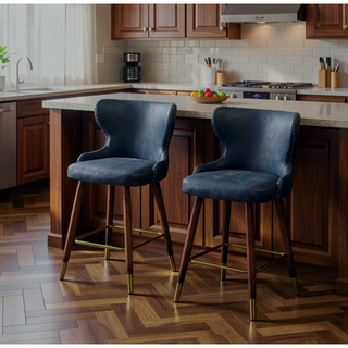 Sunvega Mid-Century Modern Blue Faux Leather Tufted Counter Stool Set with Nailhead Trim