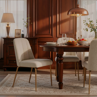 Sunvega Set of 2 White Boucle Dining Chairs with Bronze Metal Tapered Legs