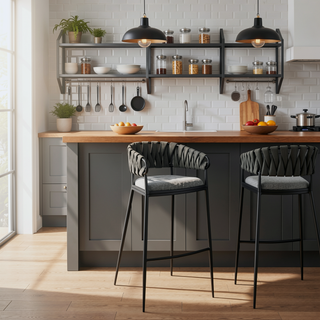 Sunvega Black Metal Bar Stool with Gray Faux Leather Accented Back and Fabric Seat