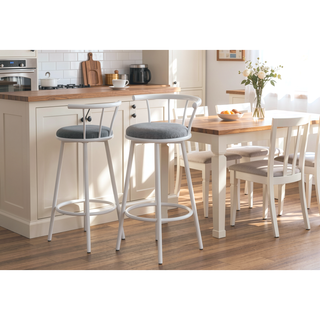 Sunvega Set of 2 Swivel Barstools with Grey Fabric Seats and White Metal Frame