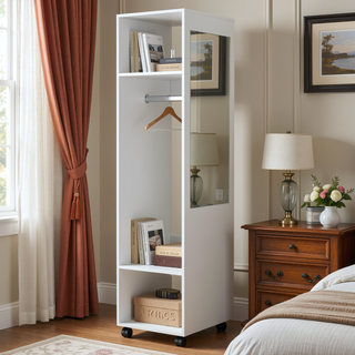 Sunvega Wenge 3-Shelf Wardrobe with Mirror and Open Storage for Bedroom