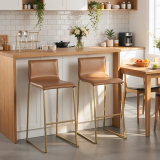 Sunvega Modern Barstool with Faux Leather Upholstery and Metal Base Footrest Set of 2