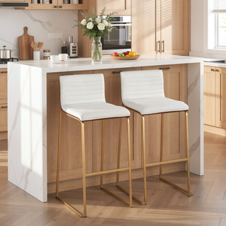 Sunvega Mason Mara Contemporary Fixed-Height Barstool in Gold Metal and White Faux Leather