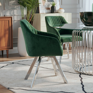 Sunvega Green Velvet Upholstered Swivel Chair with Channel Tufted Back and Chrome Legs