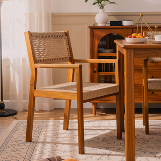 Sunvega Teak and Light Brown Rope Braided Dining Chair Set of 2