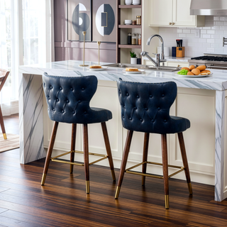 Sunvega Mid-Century Modern Blue Faux Leather Tufted Counter Stool Set with Nailhead Trim