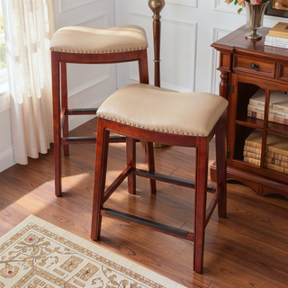 Sunvega Natural Finish Saddle Leather Seat Counter Stool with Footrest and Nail Head Trim