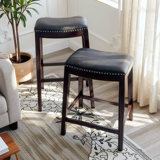 Sunvega Natural Finish Saddle Leather Seat Counter Stool with Footrest and Nail Head Trim