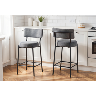 Sunvega Contemporary Counter Height Barstools with Grey Fabric Upholstery and Black Metal Legs