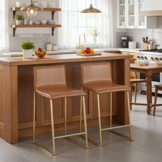 Sunvega Gold Metal and Camel Faux Leather Contemporary Counter Stool Set of 2