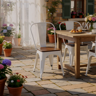 Sunvega High Gloss White Industrial Metal Dining Chairs with Walnut Wooden Seat Set of 4