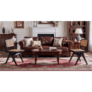 Sunvega Modern Cane Dining Chairs with Square Backrest in Black and Natural Set of 2