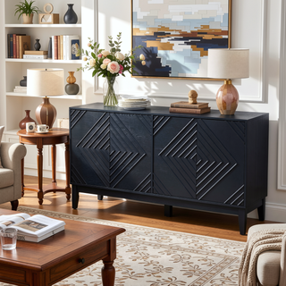 Sunvega Mid Century Modern Fluted Sideboard with Geometric Pattern and Adjustable Shelves