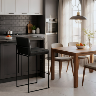 Sunvega Fuji Contemporary High Back Barstool in Black Steel and Faux Leather - Set of 2