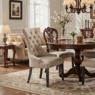 Sunvega Beige and Weathered Espresso Tufted Side Chair Set with Padded Seat and Wooden Legs
