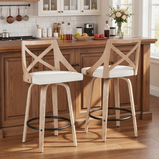 Sunvega Farmhouse Counter Stool with Cream Fabric and White Washed Wood for Dining