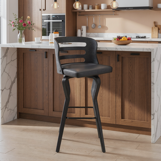 Sunvega 30 Inch Swivel Gray Faux Leather and Black Wood Bar Stool