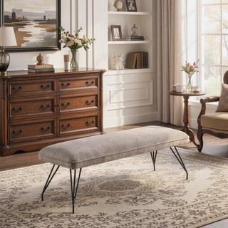 Sunvega Modern Upholstered Dining Bench with Gray Fabric and Hairpin Legs