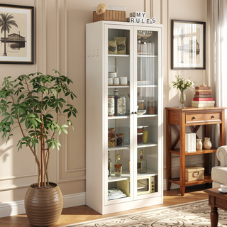 Sunvega Modern Kitchen Pantry Cabinet with Glass Doors and Adjustable Shelves for Living Room