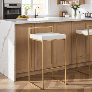 Sunvega Gold Metal and White Velvet Upholstered Fixed Height Stackable Barstools Set of 3