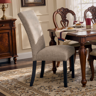 Sunvega Light Gray Flannelette Dining Chairs with Nailhead Trim and Black Wood Legs