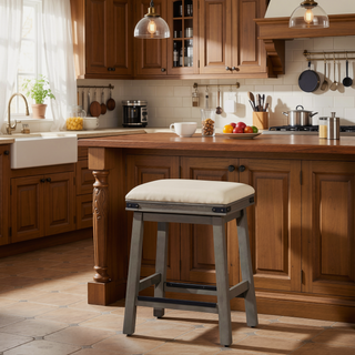 Sunvega Antique White Finish Counter Stool with Black Leather Seat