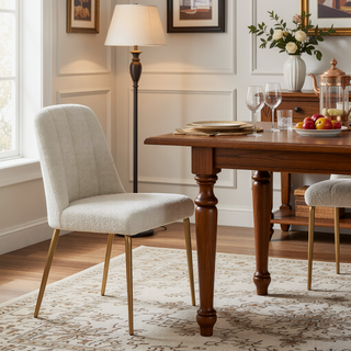 Sunvega Set of 2 White Boucle Dining Chairs with Bronze Metal Tapered Legs