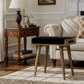 Sunvega Black Upholstered Velvet Tray Style Footstool in Timeless Light Brown