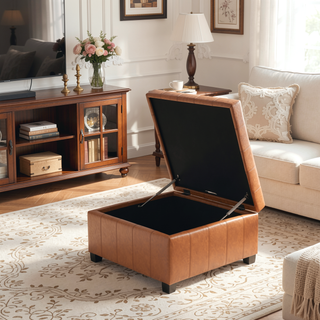 Sunvega Fabric Ottoman with Tufted Waffle Lid and Soft-Closing Hinges for Storage