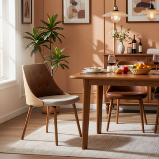 Sunvega Mid-Century Modern Dining Chair in Natural Bent Wood and Cream Fabric Set of 2