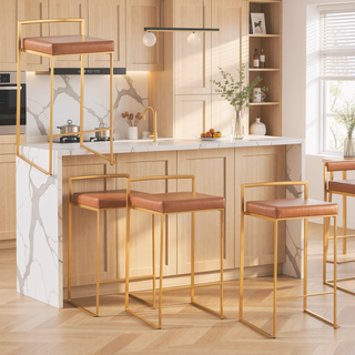 Sunvega Gold Metal Frame Counter Stools with Camel Faux Leather Cushions Set of 3